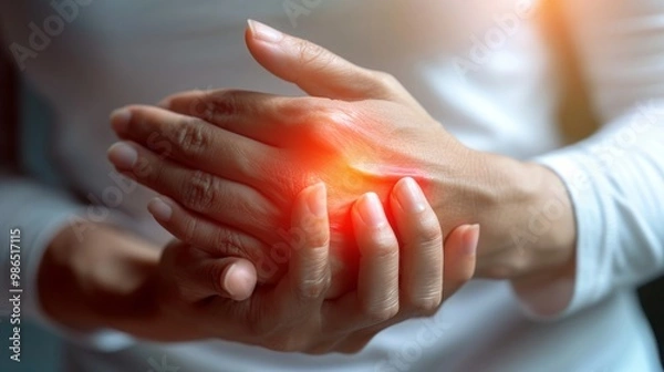 Fototapeta Close-up of a person's hand with a red, highlighted area indicating pain in the wrist.
