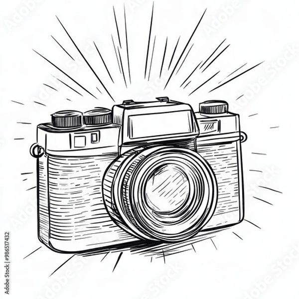 Obraz Continuous Line Drawing of a Camera with Flash Effects