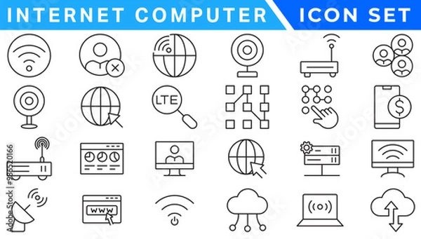 Fototapeta Internet computer icon set. Containing online, computer, network, website, server, web design, hardware, software and programming. Solid icons vector collection.