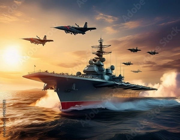 Fototapeta panoramic view of a generic military aircraft carrier ship with fighter jets take off