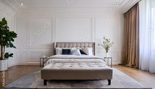 Fototapeta White luxury bedroom interior, wall mockup