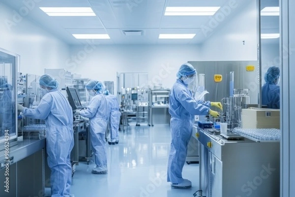 Fototapeta Workers in Protective Gear Operating Machinery in a Clean Room Environment