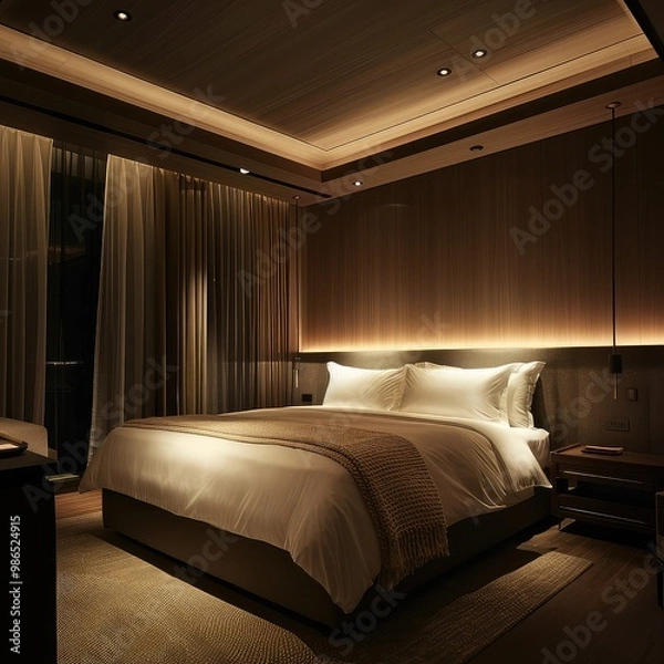 Fototapeta Simple Aesthetic Bed Room Interior Night view 
