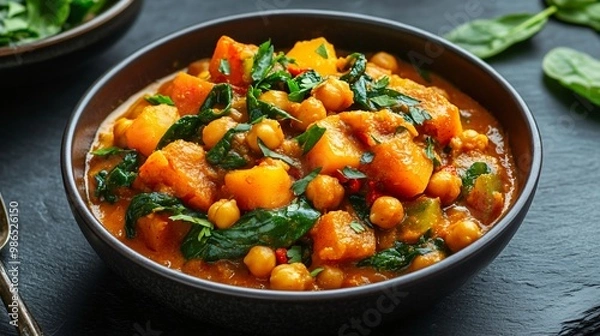 Fototapeta Pumpkin curry with chickpeas and spinach, served in a deep ceramic bowl, isolated on a dark slate background
