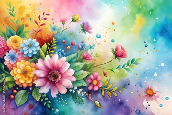 Fototapeta Watercolor painting of colorful floral bouquet in fantasy setting