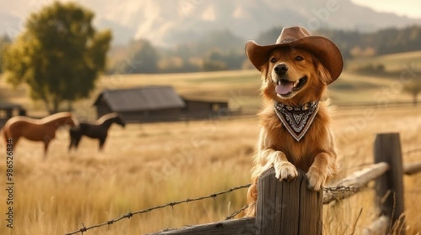 Fototapeta A cheerful dog wearing a cowboy hat and a bandana lounges on a wooden fence, enjoying a sunny day, while horses graze peacefully in the background