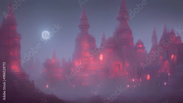 Fototapeta Fantastic castles with platnets and moons. Castle on another planet the moon lit up the night sky in this art, in the style of fantastical ruins