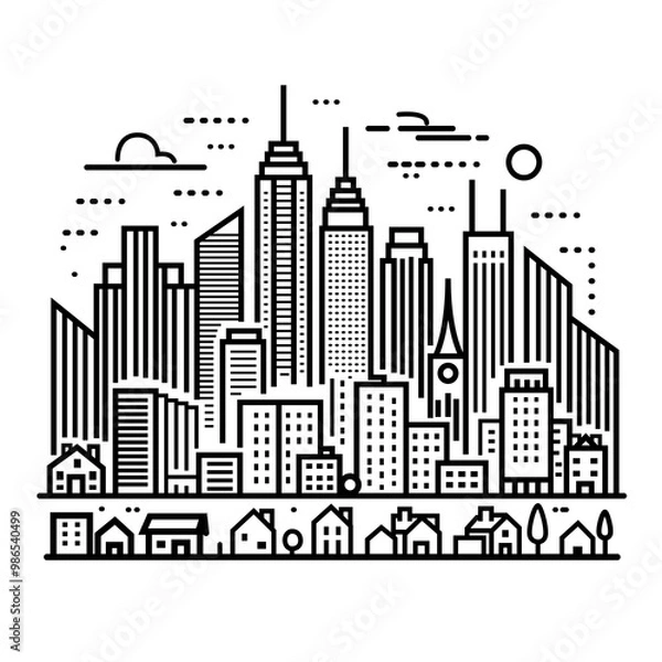 Obraz Vector illustration of a city skyline with skyscrapers and residential homes. Isolated stock image perfect for urban designs, real estate, or cityscape themes with a minimalist black and white