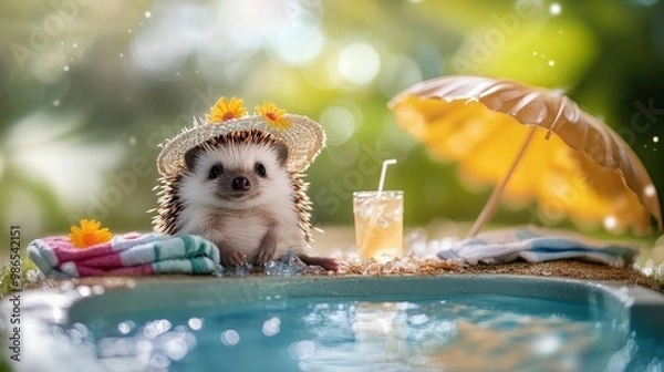 Fototapeta This adorable hedgehog relaxes by a pool, sporting a tiny sun hat adorned with flowers, bringing a whimsical touch to a sunny summer day filled with joy