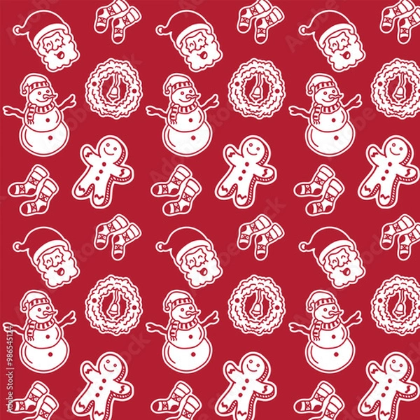 Fototapeta Seamless Christmas Elements Hand Drawn Pattern with Red Color Palette for Merchandise Tshirt Web and Print Design