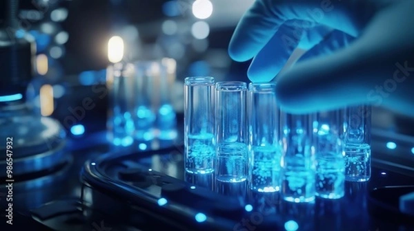Fototapeta A gloved hand handles vials under sterile conditions in a high-tech laboratory.