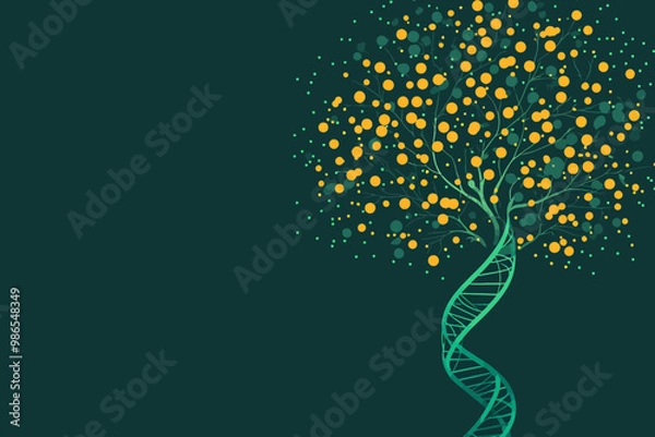 Obraz Genetic Tree of Life: Abstract illustration of a DNA double helix forming the trunk of a tree, adorned with vibrant, glowing orbs representing genetic information.  A symbol of growth, heredity.