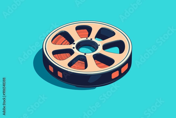 Obraz Retro Film Reel: A vibrant isometric illustration of a vintage film reel, exuding a nostalgic charm against a teal backdrop. Perfect for projects needing a touch of classic cinema. 