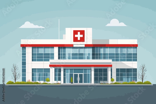 Fototapeta Modern Hospital Building: A clean and inviting modern hospital building with a large red cross sign on the facade, showcasing the commitment to healthcare and patient well-being. 
