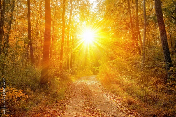 Obraz Sunlit autumn path through vibrant forest