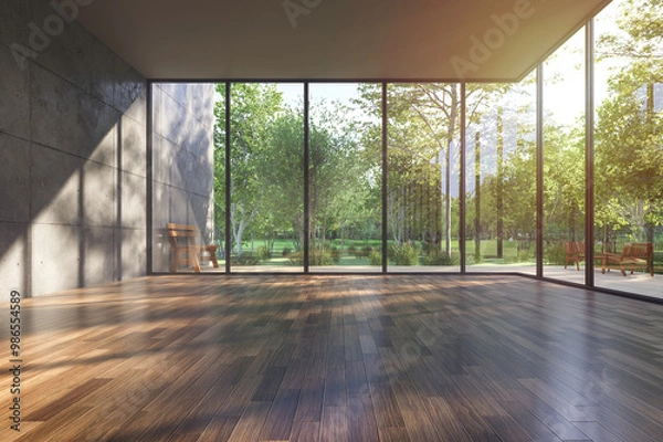 Fototapeta Modern contemporary loft style empty room with forest view 3d render the room has concrete wall, plank floor large window overlooking nature view sunlight enter the room.