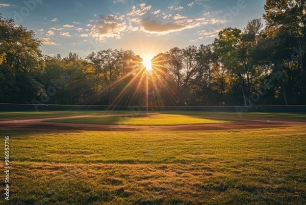 Fototapeta Golden hour light envelops a peaceful baseball field covered in morning mist, showcasing serene nature at sunrise with soft grass and earthy textures