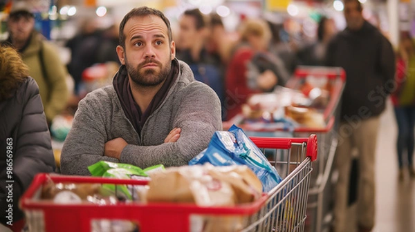 Obraz Man shopping in the supermarket, Shopper in Checkout Line concept, a shopper waiting in a long checkout line with a full shopping cart, Sale, discounts, Black Friday, Shopping spree