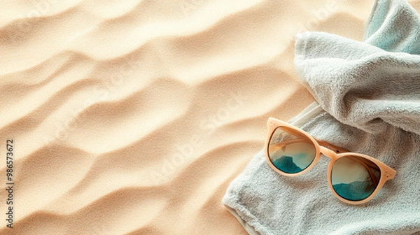 Obraz Sunglasses And Beach Towel On Sand Background, Summer Travel And Relaxation, Vacation Essentials, Beach Lifestyle Theme .  