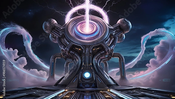 Fototapeta Colossal Futuristic Reactor: Vortex of Energy and Dimensional Portals in a Sci-Fi Nightscape