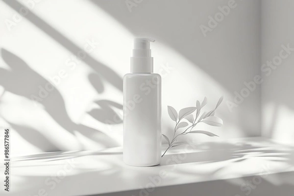 Fototapeta White Pump Bottle with Branch of Leaves on a White Surface