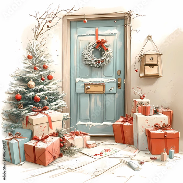 Obraz Christmas Presents and Wreath on a Snowy Doorstep