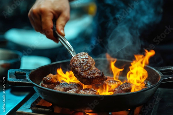 Obraz Chef cooking steak in kitchen. generative AI