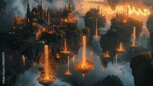 Fototapeta Enchanted Realm of Light: Surreal 3D Dark Fantasy Haven with Illuminated Cascading Waterfalls from Floating Islands