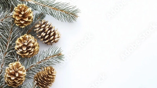 Fototapeta Christmas tree branch with golden pine cones isolated on a white background.