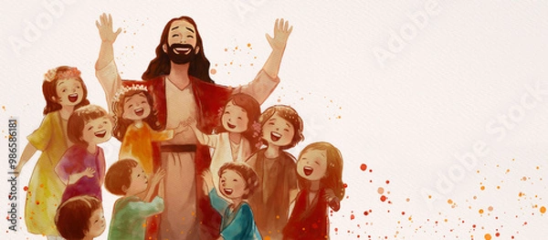 Obraz Jesus with Joyful Children, painting background for children