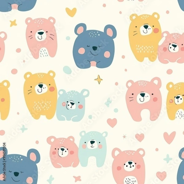 Fototapeta Cute bear seamless pattern with hearts and stars for children's design projects. AI