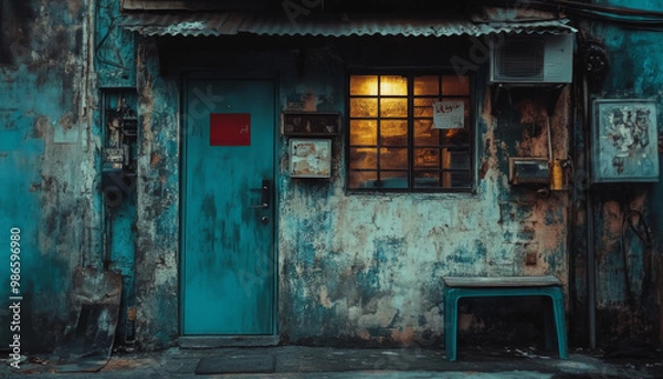 Fototapeta Old turquoise exterior building