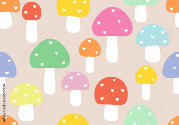 Fototapeta Mushroom background seamless pattern border. Vector seamless repeat banner of red spotted hand drawn textured mushrooms. Cute background. Seamless repeat of rainbow spotted textured mushrooms