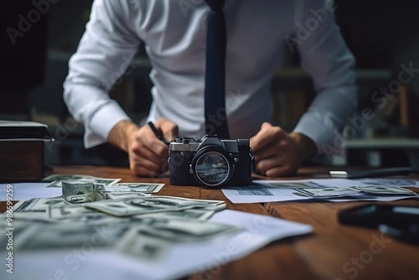 Obraz Detective examining a camera on a desk with money and other evidence