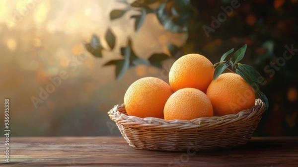 Fototapeta Fresh oranges in a woven basket placed on a sunlit wooden table, AI Generation