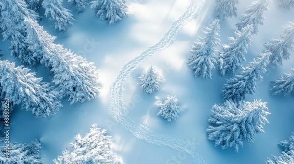Fototapeta Aerial view of a snowy forest with tracks in the snow