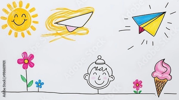 Fototapeta Bright and cheerful childlike scene featuring a smiling sun, flowers, and a joyful child with a pink hat, great for kids' artwork or playful illustrations.