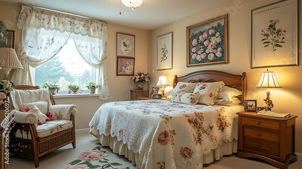 Fototapeta Charming Guest Room Featuring Plush Furniture, Botanical Wall Art, and a Tranquil Atmosphere for Guest Comfort