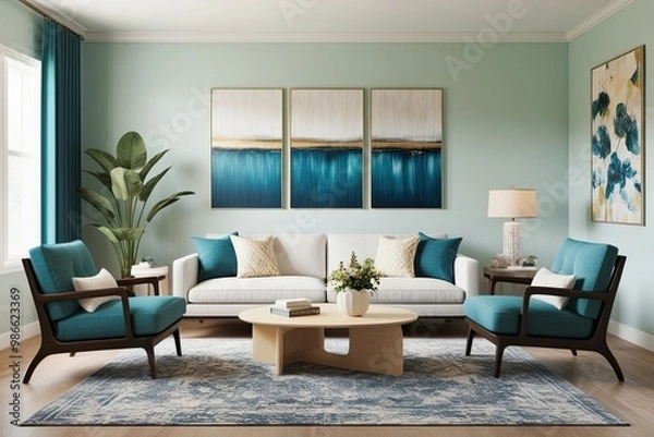 Fototapeta Chic Art Panel for a Bright and Tranquil Family Living Area 3D Render
