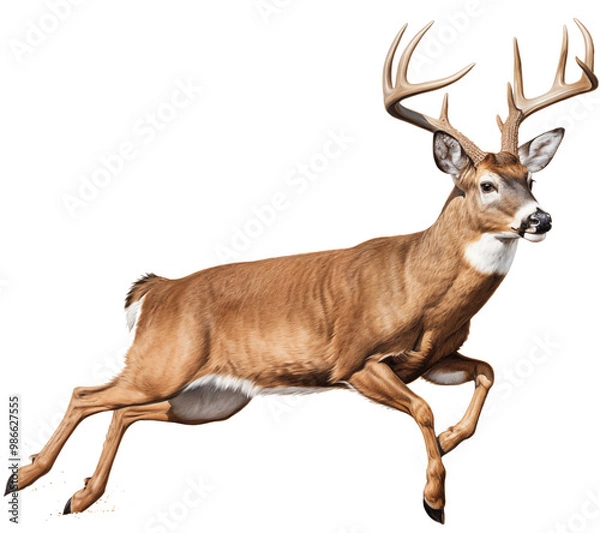 Obraz a white-tailed deer buck (Odocoileus virginianus) with antlers in motion, full body, side 3/4 view in a PNG, Nature-themed, isolated, and transparent photorealistic illustration. Generative ai