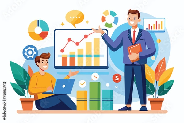 Obraz A business coach explains growth metrics while a student engages with a laptop, highlighting analytics, Business coach presents growth graph, analytics, and management illustration.