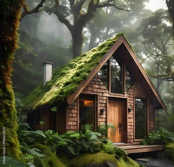 Obraz Modern Cabin Nestled in Lush Cloud Forest Landscape