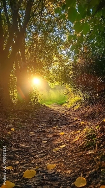 Fototapeta Sun shining through trees on a dirt path in a forest