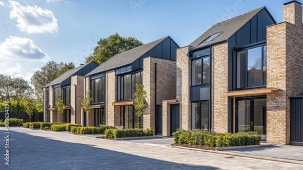 Fototapeta Exterior shot of a modern British home, freshly built with brickwork and glass windows, set on a quiet suburban street.