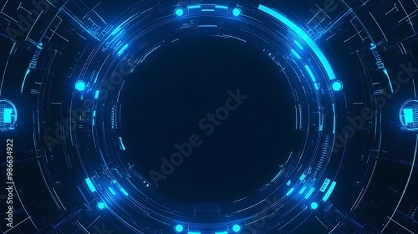 Fototapeta Abstract digital background with glowing blue circular lines and dots on a black background.