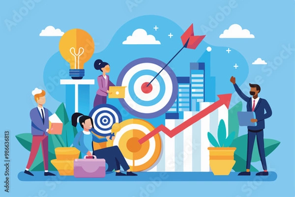 Obraz A group of professionals collaborates to analyze targets and growth trends in a bright workspace, Business time targets are trending with a flat illustration.