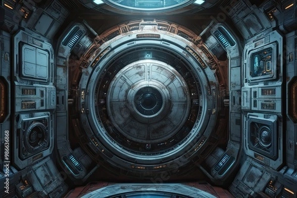 Fototapeta Futuristic Space Station Design with Industrial Mechanisms and Heavy Panel Elements