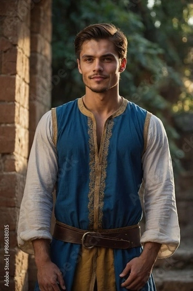 Fototapeta Young medieval peasant stands confidently in a lush garden, wearing a vibrant blue tunic and a leather belt, showcasing daily life.