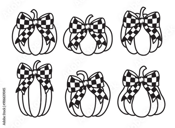 Fototapeta Set of outlined fall and Thanksgiving pumpkin drawings with plaids and checkered bows vector illustration.