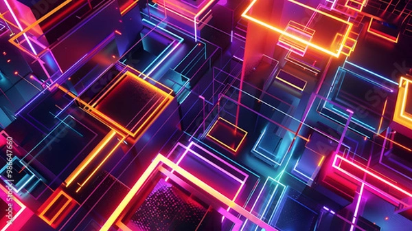 Fototapeta Vibrant intersecting geometric shapes made of light floating in a void Neon outlines with soft glows intricate details of shapes combining in a harmonious blend of color and shadow